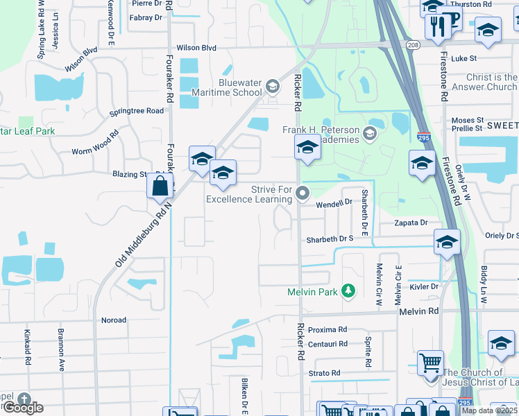map of restaurants, bars, coffee shops, grocery stores, and more near 4285 Melissa Court West in Jacksonville