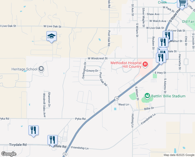 map of restaurants, bars, coffee shops, grocery stores, and more near 1029 Post Oak Road in Fredericksburg