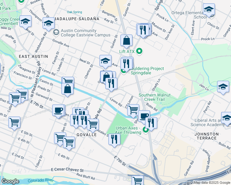 map of restaurants, bars, coffee shops, grocery stores, and more near 919 Springdale Road in Austin