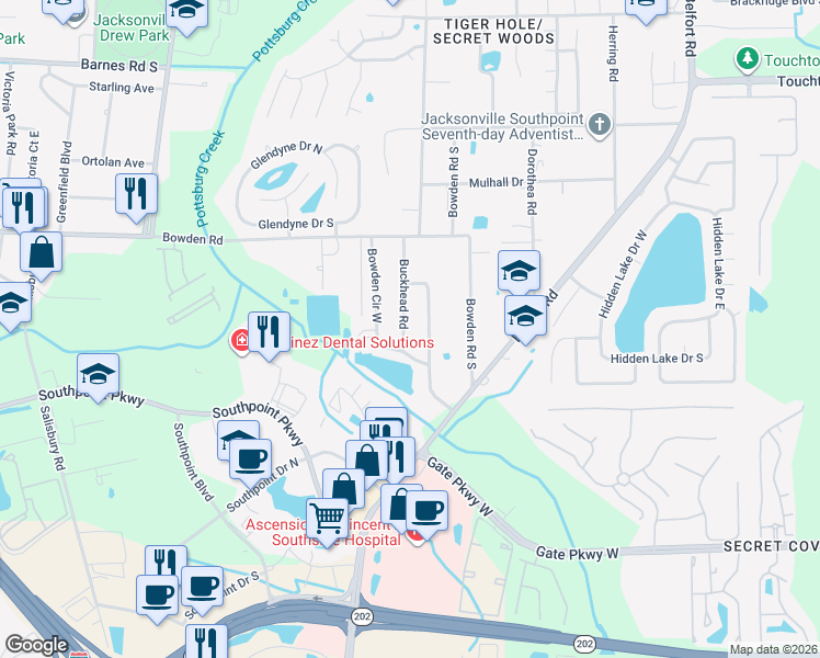 map of restaurants, bars, coffee shops, grocery stores, and more near 3633 Buckhead Road in Jacksonville