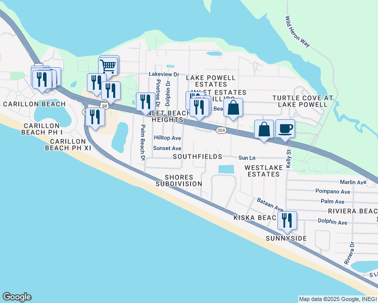 map of restaurants, bars, coffee shops, grocery stores, and more near 130 Gulf View Drive in Panama City Beach