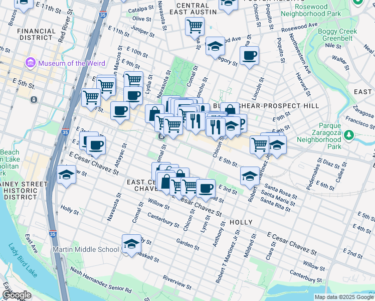 map of restaurants, bars, coffee shops, grocery stores, and more near 1700 East 4th Street in Austin