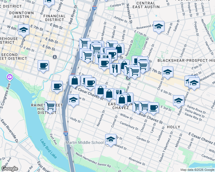 map of restaurants, bars, coffee shops, grocery stores, and more near 204 Attayac Street in Austin