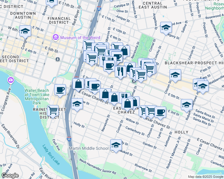 map of restaurants, bars, coffee shops, grocery stores, and more near 204 Attayac Street in Austin