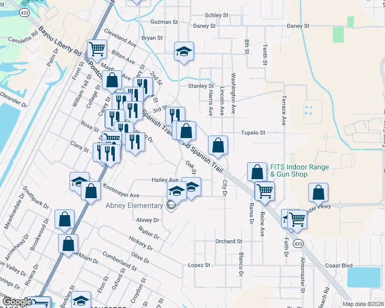 map of restaurants, bars, coffee shops, grocery stores, and more near 735 Old Spanish Trail in Slidell