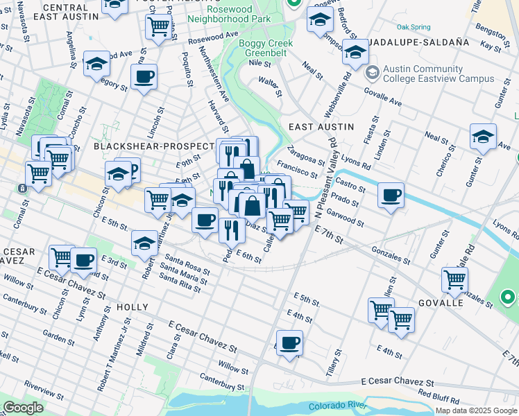 map of restaurants, bars, coffee shops, grocery stores, and more near 2510 East 7th Street in Austin