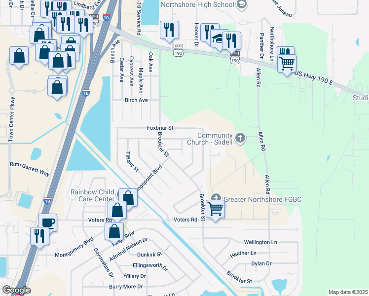 map of restaurants, bars, coffee shops, grocery stores, and more near 310 Runnymeade Circle in Slidell