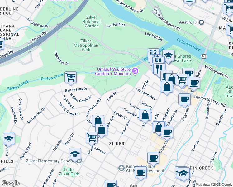 map of restaurants, bars, coffee shops, grocery stores, and more near 905 Lund Street in Austin