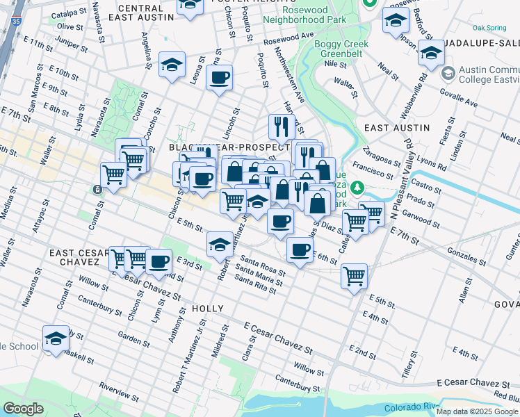 map of restaurants, bars, coffee shops, grocery stores, and more near 2206 Hidalgo Street in Austin