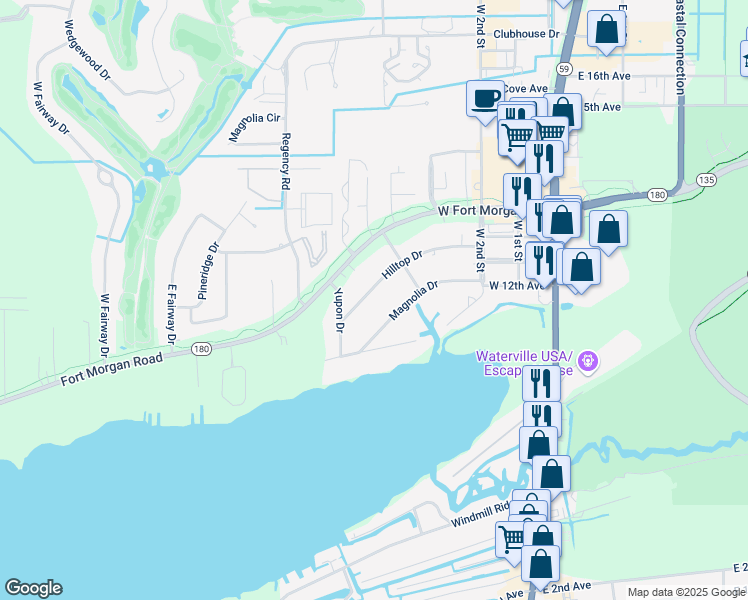 map of restaurants, bars, coffee shops, grocery stores, and more near 429 Hilltop Drive in Gulf Shores