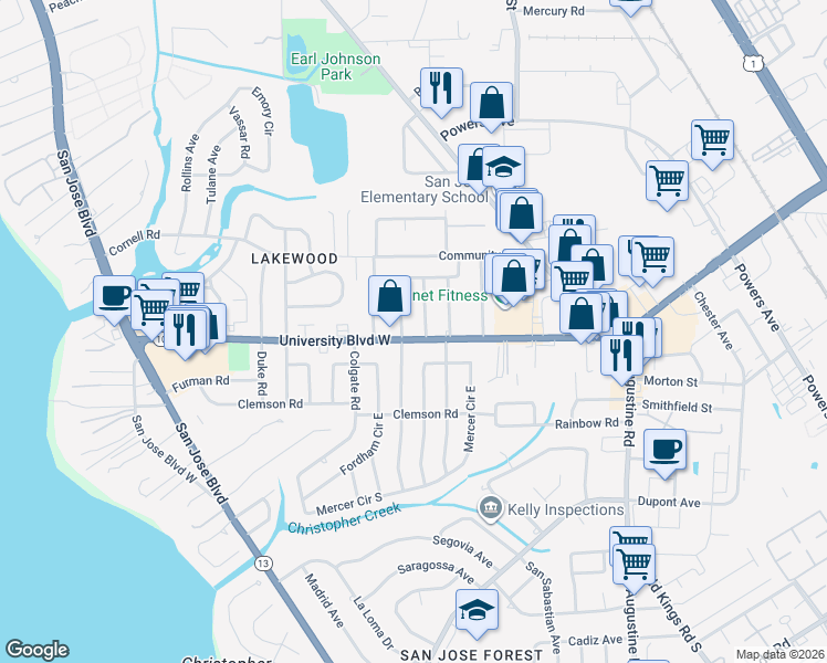map of restaurants, bars, coffee shops, grocery stores, and more near 2415 University Boulevard West in Jacksonville