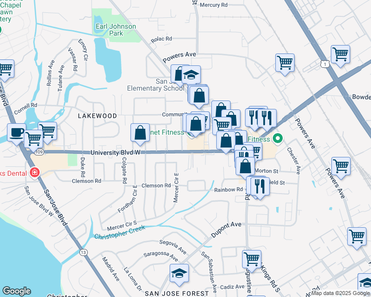 map of restaurants, bars, coffee shops, grocery stores, and more near 2601 University Boulevard West in Jacksonville