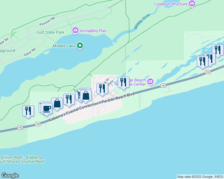 map of restaurants, bars, coffee shops, grocery stores, and more near 27-28 Market St in Orange Beach