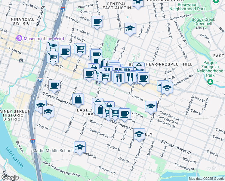 map of restaurants, bars, coffee shops, grocery stores, and more near 1700 East 4th Street in Austin
