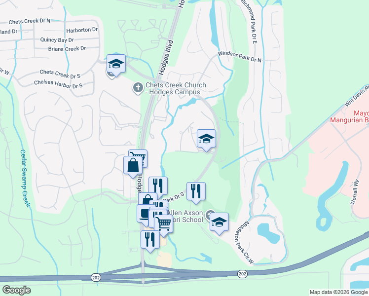 map of restaurants, bars, coffee shops, grocery stores, and more near 13810 Sutton Park Drive North in Jacksonville