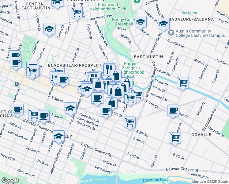 map of restaurants, bars, coffee shops, grocery stores, and more near in Austin