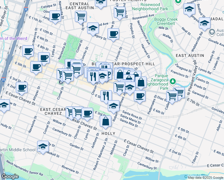 map of restaurants, bars, coffee shops, grocery stores, and more near 2010 East 6th Street in Austin