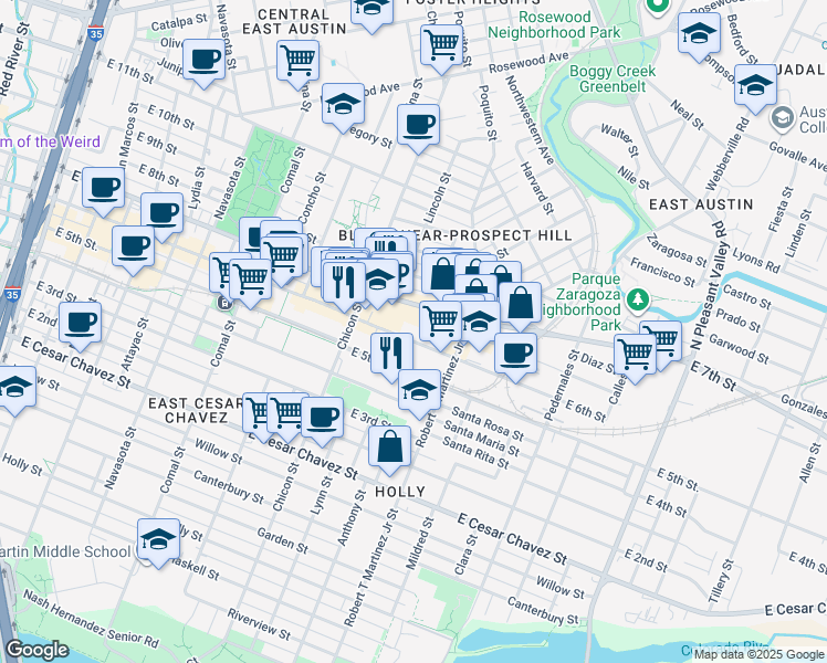 map of restaurants, bars, coffee shops, grocery stores, and more near 2010 East 6th Street in Austin