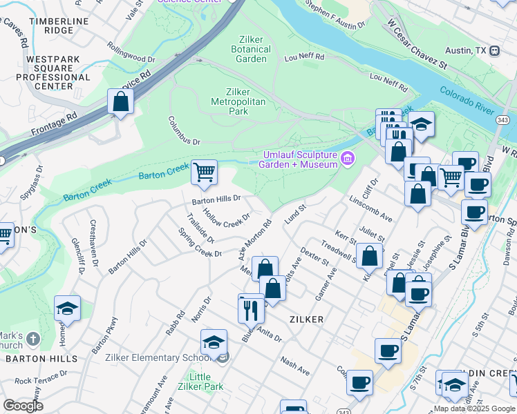 map of restaurants, bars, coffee shops, grocery stores, and more near 1100 Barton Hills Drive in Austin