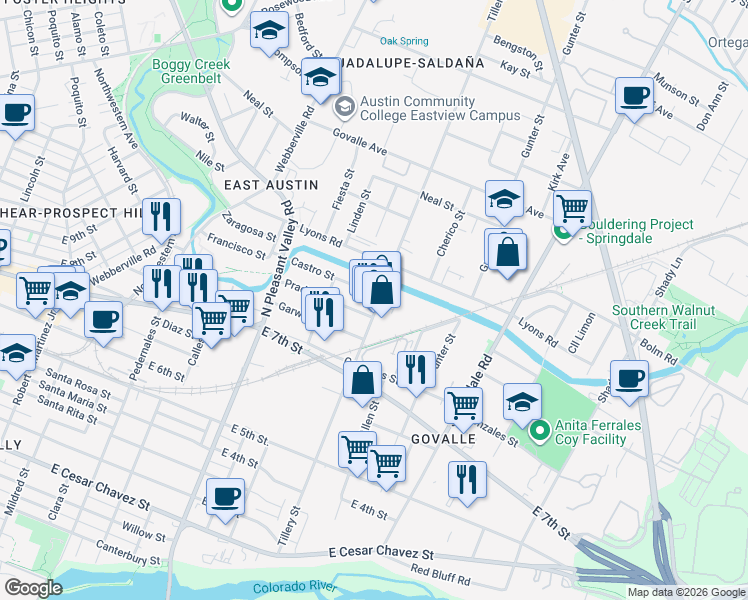 map of restaurants, bars, coffee shops, grocery stores, and more near 3119 Castro Street in Austin