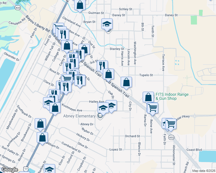 map of restaurants, bars, coffee shops, grocery stores, and more near 735 Old Spanish Trail in Slidell