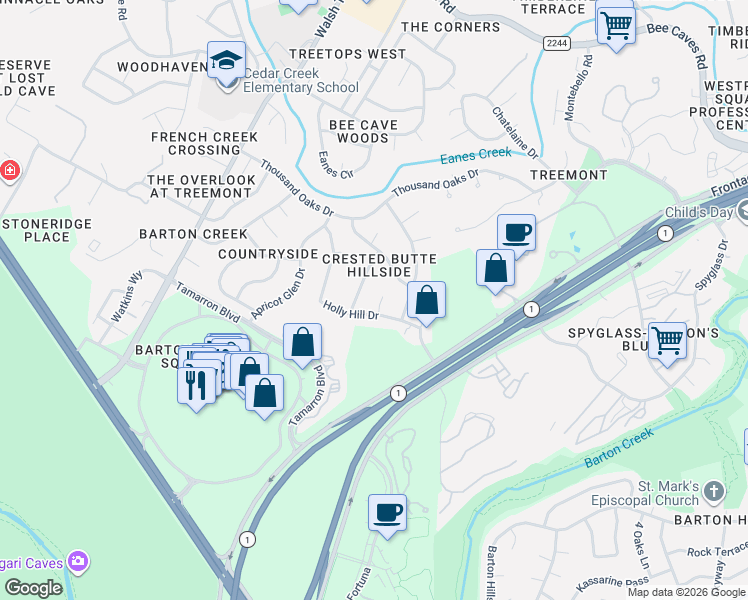 map of restaurants, bars, coffee shops, grocery stores, and more near 1905 Steamboat Springs Cove in Austin