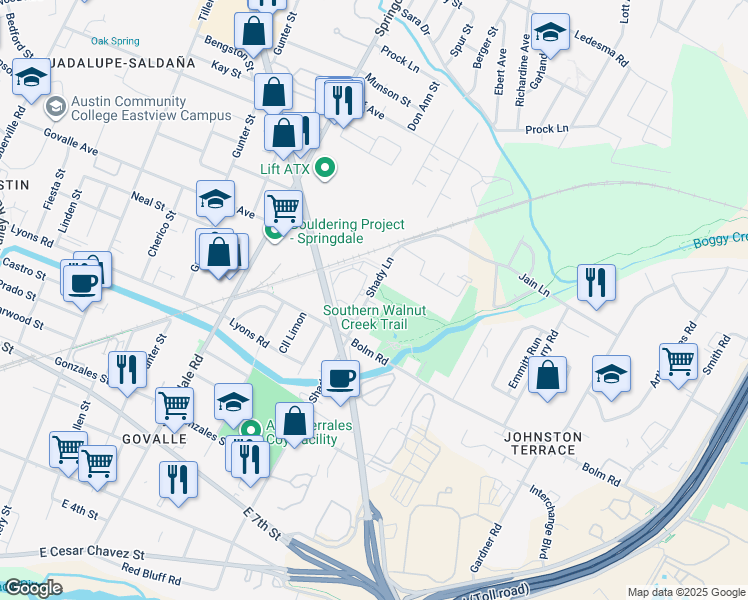map of restaurants, bars, coffee shops, grocery stores, and more near 1115 Shady Lane in Austin
