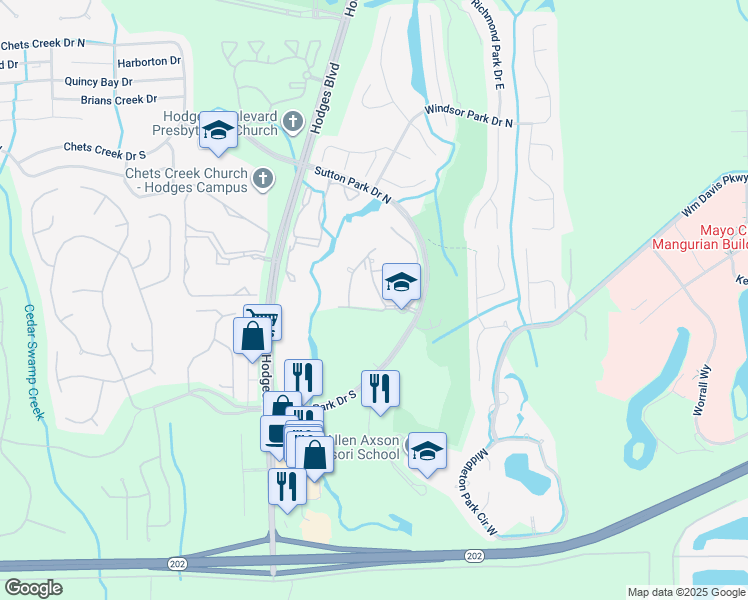 map of restaurants, bars, coffee shops, grocery stores, and more near 13810 Sutton Park Drive North in Jacksonville