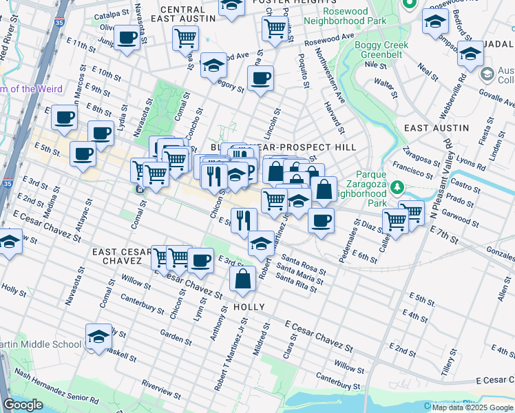 map of restaurants, bars, coffee shops, grocery stores, and more near 2006 East 6th Street in Austin