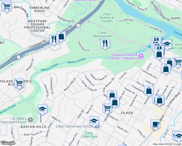 map of restaurants, bars, coffee shops, grocery stores, and more near 1300 Hollow Creek Drive in Austin