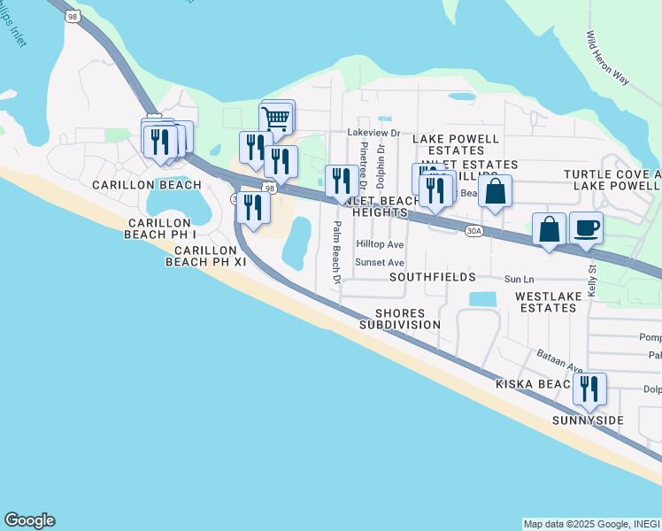 map of restaurants, bars, coffee shops, grocery stores, and more near 211 Palm Beach Drive in Panama City Beach