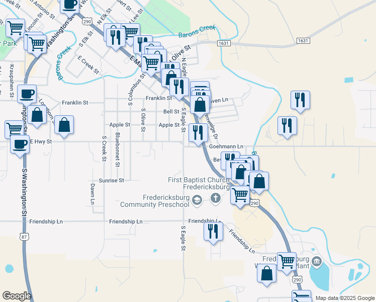 map of restaurants, bars, coffee shops, grocery stores, and more near 1003 East Highway Street in Fredericksburg