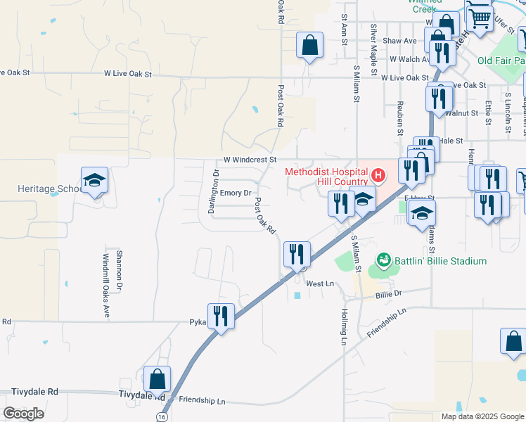 map of restaurants, bars, coffee shops, grocery stores, and more near 1029 Post Oak Road in Fredericksburg