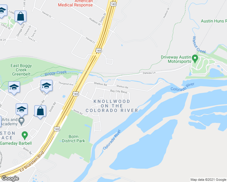 map of restaurants, bars, coffee shops, grocery stores, and more near Bay City Bend in Austin