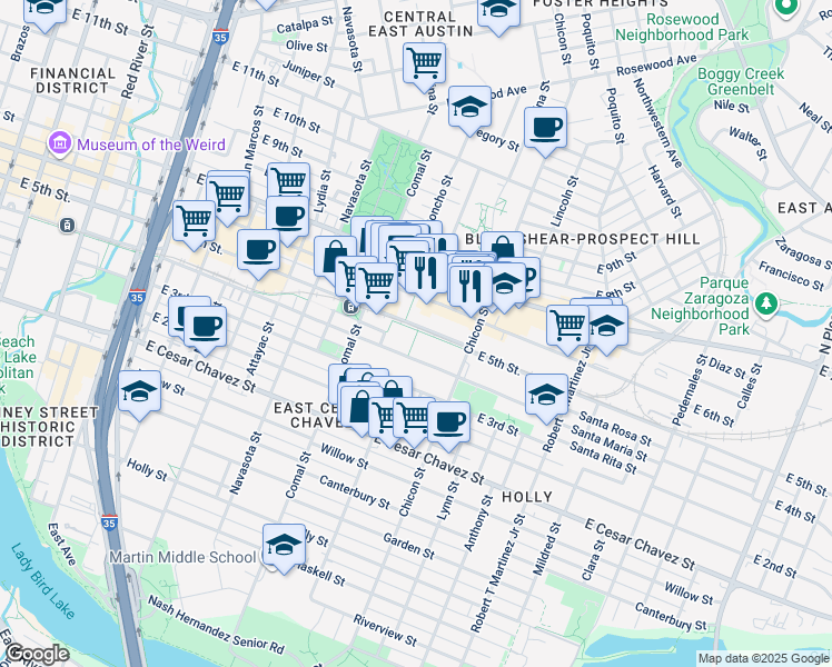 map of restaurants, bars, coffee shops, grocery stores, and more near 1700 East 4th Street in Austin