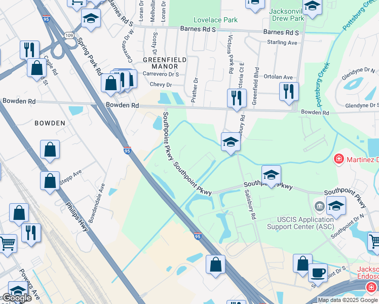 map of restaurants, bars, coffee shops, grocery stores, and more near 6425 Southpoint Parkway in Jacksonville