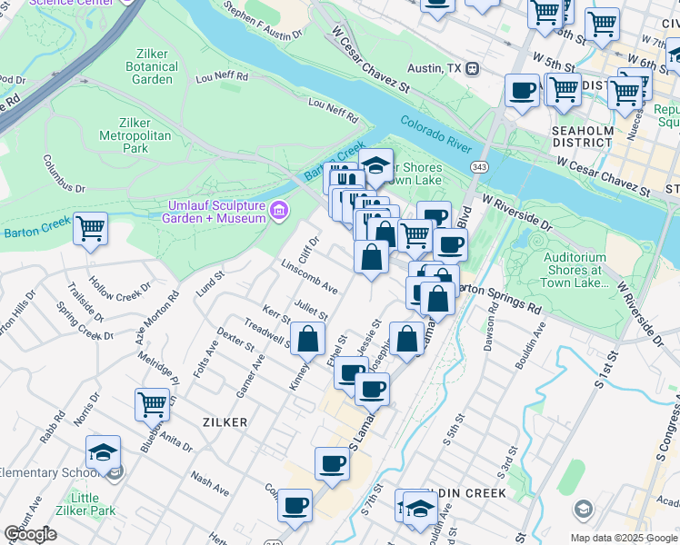 map of restaurants, bars, coffee shops, grocery stores, and more near 1612 Linscomb Avenue in Austin