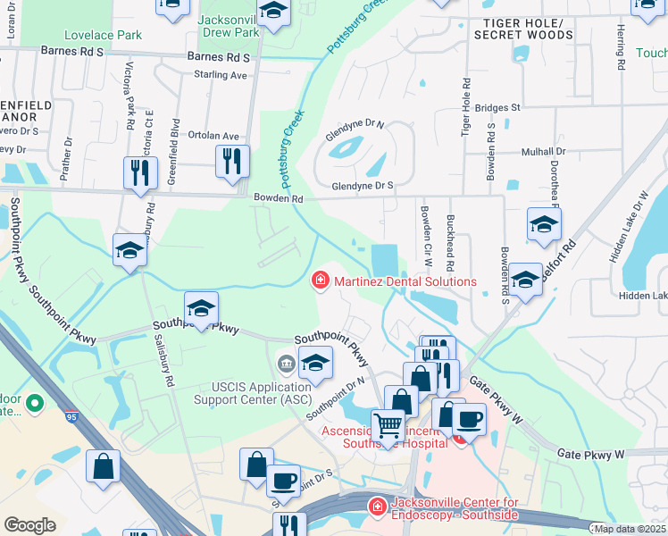 map of restaurants, bars, coffee shops, grocery stores, and more near 6817 Southpoint Parkway in Jacksonville