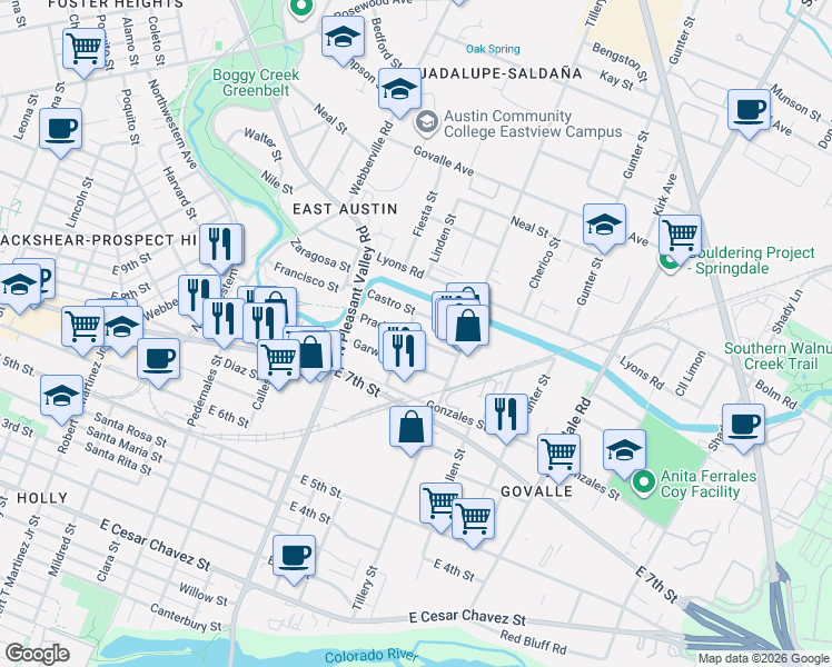 map of restaurants, bars, coffee shops, grocery stores, and more near 3004 Prado Street in Austin