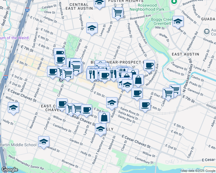 map of restaurants, bars, coffee shops, grocery stores, and more near 2006 East 6th Street in Austin