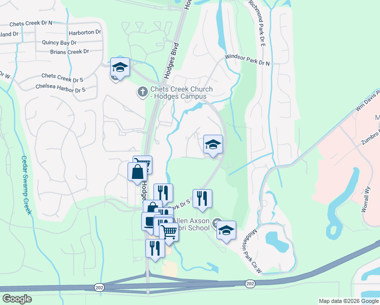 map of restaurants, bars, coffee shops, grocery stores, and more near 13810 Sutton Park Drive North in Jacksonville