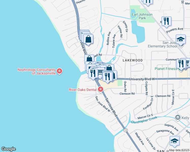 map of restaurants, bars, coffee shops, grocery stores, and more near 5635 San Jose Boulevard in Jacksonville