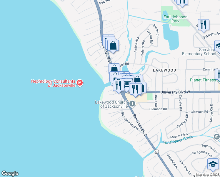 map of restaurants, bars, coffee shops, grocery stores, and more near 5640 San Jose Boulevard in Jacksonville