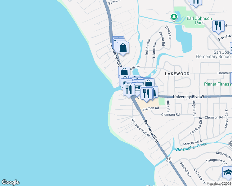 map of restaurants, bars, coffee shops, grocery stores, and more near 1401 University Boulevard West in Jacksonville