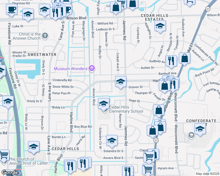 map of restaurants, bars, coffee shops, grocery stores, and more near 6519 Barmer Drive South in Jacksonville
