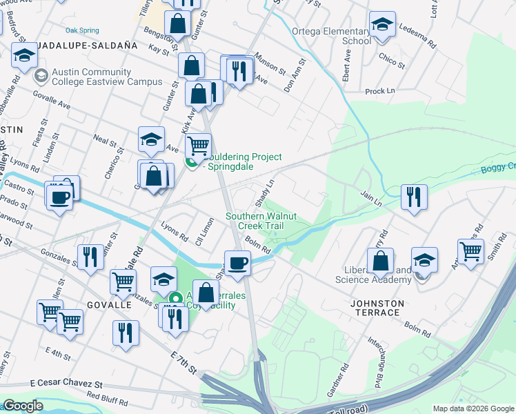map of restaurants, bars, coffee shops, grocery stores, and more near 1115 Shady Lane in Austin
