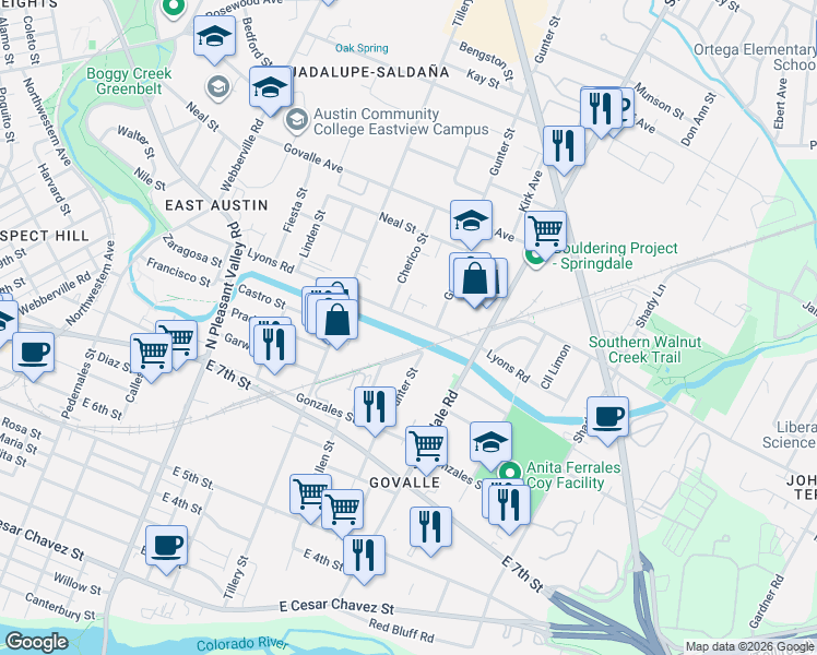 map of restaurants, bars, coffee shops, grocery stores, and more near 3505 Lyons Road in Austin