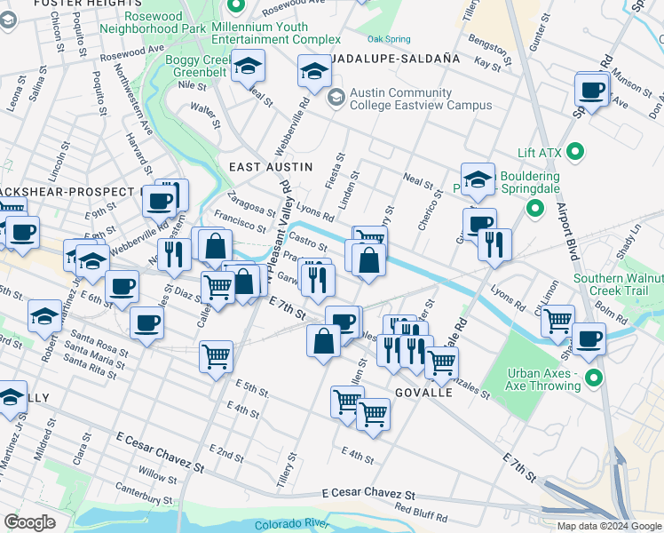 map of restaurants, bars, coffee shops, grocery stores, and more near 3100 Prado Street in Austin