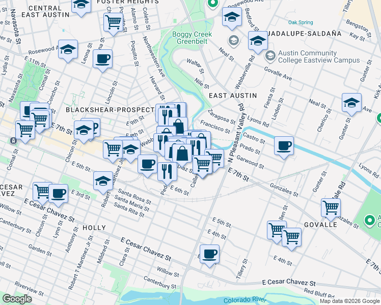 map of restaurants, bars, coffee shops, grocery stores, and more near 2510 East 7th Street in Austin