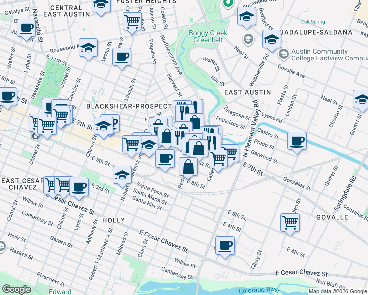 map of restaurants, bars, coffee shops, grocery stores, and more near in Austin